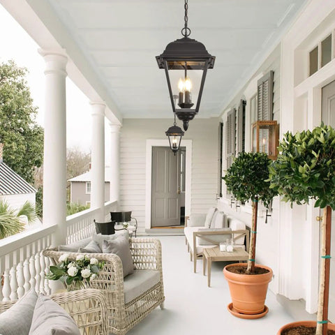 Large Outdoor Pendant Light With Two Lights, 13 Inch Tall Modern Black Exterior Hanging Fixture With Clear Glass, Weatherproof IP65 Rated, Anti Rust Outdoor Ceiling Mount Chandelier For Porch Farmhouse Entryway