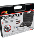 85 Piece SAE And Metric Socket Set With One Quarter Inch, Three Eighths Inch And One Half Inch Drives, storage case, tools visible