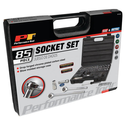 85 Piece SAE And Metric Socket Set With One Quarter Inch, Three Eighths Inch And One Half Inch Drives, storage case, tools visible