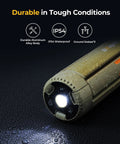 Close-up of waterproof Upgraded Telescopic Camping Light With 15600mAh Battery Rotatable Lantern showing IP54 rating and light on.