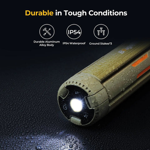 Close-up of waterproof Upgraded Telescopic Camping Light With 15600mAh Battery Rotatable Lantern showing IP54 rating and light on.