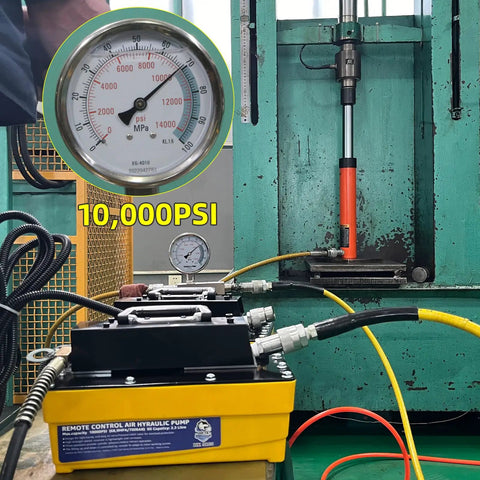 Close-up of Beast Mode Industrial Grade Air Hydraulic Pump With 10,000 PSI Power and 3 Meter Remote Control Line in use