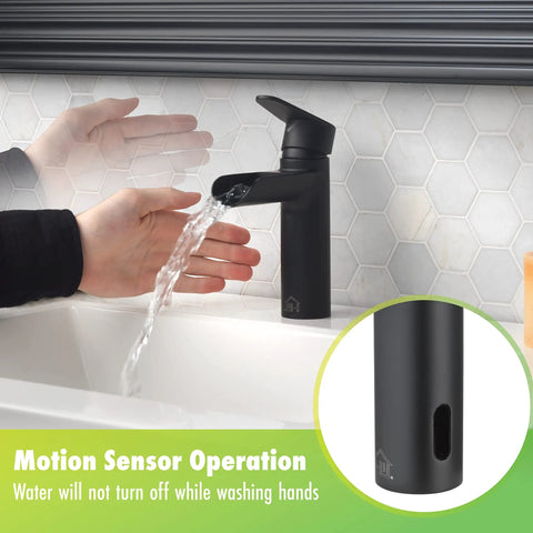 Touchless 4-Inch Centerset Matte Black Bathroom Faucet With Motion Sensor in use over white sink