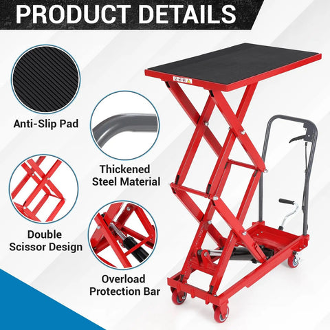 EliteEdge Hydraulic Lift Table Cart With 330 Lbs Load Capacity And 50 Inch Max Height Featuring Double Scissor Design with anti-slip pad.