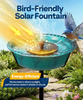 Solar Powered Bird Bath Fountain For Outdoors With Weather Resistant ABS Bowl And Ground Stake Includes 4 Detachable Support Rods For Stable Fountain No Splash Setup Garden Bird Bath One Point Four Five Gallons Green in garden setting with bird