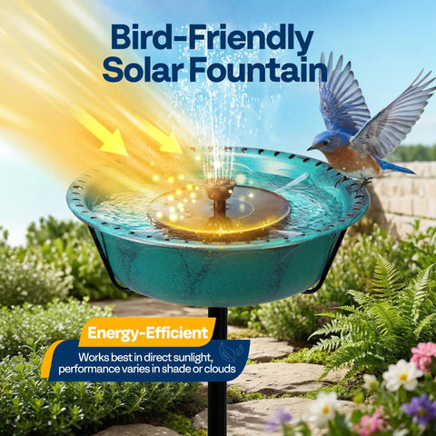 Solar Powered Bird Bath Fountain For Outdoors With Weather Resistant ABS Bowl And Ground Stake Includes 4 Detachable Support Rods For Stable Fountain No Splash Setup Garden Bird Bath One Point Four Five Gallons Green in garden setting with bird