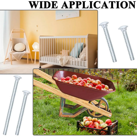 Built Tough As Nails Wheelbarrow Handle Nut And Bolt Replacement Kit Packing 18 Piece Carbon Steel Galvanized Carriage Bolts displayed with a wheelbarrow and bolts.