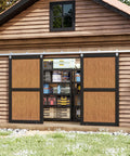 Exterior Sliding Barn Door Hardware Kit With Box Rail Track 450Lb Capacity Weather Resistant Steel Outdoor Wall Mount System Fits Double 48 Inch Doors Heavy Duty Barn Door Kit Built To Endure Weather And Harsh Outdoor Use installed on a wooden shed