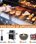 Six Foot Natural Gas Hose With Quick Connect Fitting For Grills Generators Patio Heaters And More Low Pressure One Half Inch Inner Diameter CSA Certified Flexible And Durable Gas Line For Outdoor Appliances, image showing grilling on a gas grill with various food items and applications for patio heater, fire pit, and generator displayed.