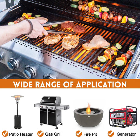 Six Foot Natural Gas Hose With Quick Connect Fitting For Grills Generators Patio Heaters And More Low Pressure One Half Inch Inner Diameter CSA Certified Flexible And Durable Gas Line For Outdoor Appliances, image showing grilling on a gas grill with various food items and applications for patio heater, fire pit, and generator displayed.