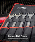 Jumbo Fractional And SAE Combination Wrench Set For Big Bolts, 7 Piece With Roll Case displayed in canvas pouch