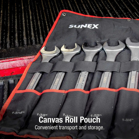 Jumbo Fractional And SAE Combination Wrench Set For Big Bolts, 7 Piece With Roll Case displayed in canvas pouch