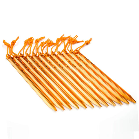Ultralight 7 Inch Aluminum Tent Stakes 12 Pack With Reflective Pull Ropes Rock Solid Ground Pegs For Camping Tents And Hammocks Orange