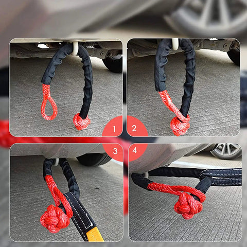 Close-up of Ultra Tough 41000 Pound Recovery Ring on off-road vehicle with synthetic rope and soft shackles, four angles shown
