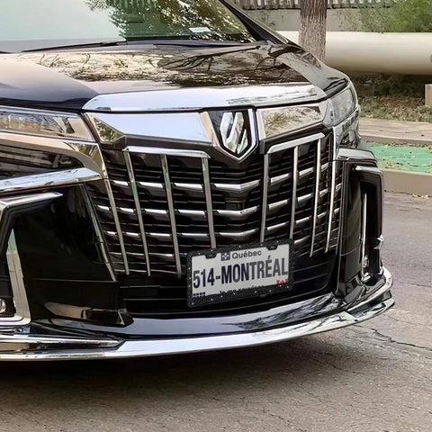 Front view of a car with Sparkly Black License Plate Frame With Over 1200 14 Facets Crystal Rhinestones Bedazzled Glass Diamonds Scratch Guard Edges Includes Free Glitter Diamond Box Women Car Accessory installed, showing the grill and frame.