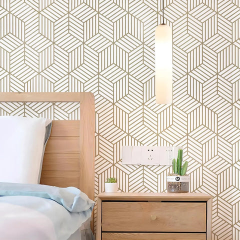 Bedroom scene with Geometric Hexagon Peel And Stick Wallpaper Removable Self Adhesive Vinyl Film for Walls 17.71 by 118 Inch Roll
