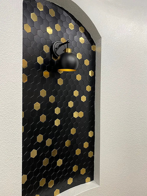 Peel And Stick Backsplash Honeycomb Tile Set For Walls Kitchen Bathroom And Fireplace Stainless Steel Look Gold Brushed Black Finish 5 Sheets Easy Cut And Install installed beneath wall sconce.