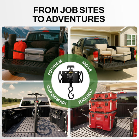 Rotating Retractable Ratchet Straps For Toyota Tacoma Tundra And Jeep Gladiator Bed Rails Swivel Head Auto Retract Tie Down Straps Heavy Duty Truck Bed Anchors For Easy No Drill Hauling - Truck beds with assorted cargo demonstrating various hauling scenarios.