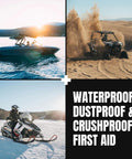 Collage of boat, off-road vehicle, and snowmobile with text 'Waterproof, Dustproof & Crushproof First Aid' highlighting Mini Pro Waterproof First Aid Kit For Car, Home, Boat, Camping And Travel, Rugged Survival Medical Gear With Disaster Prep Essentials, Portable Case, Dustproof, Mudproof, Crushproof, Must Have Emergency Supplies