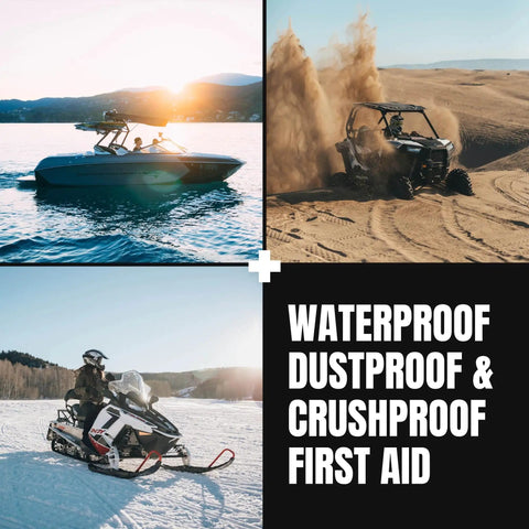 Collage of boat, off-road vehicle, and snowmobile with text 'Waterproof, Dustproof & Crushproof First Aid' highlighting Mini Pro Waterproof First Aid Kit For Car, Home, Boat, Camping And Travel, Rugged Survival Medical Gear With Disaster Prep Essentials, Portable Case, Dustproof, Mudproof, Crushproof, Must Have Emergency Supplies