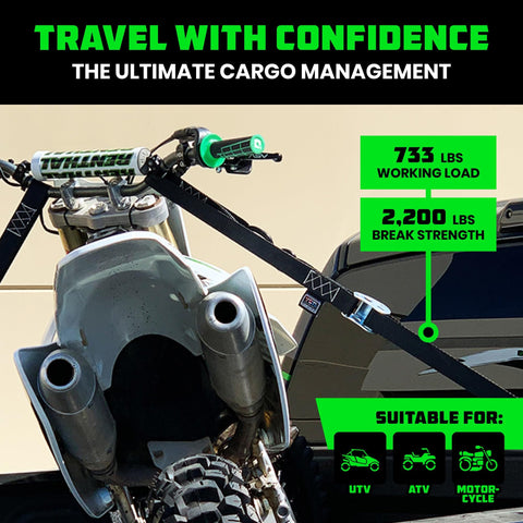 Two Pack Motorcycle Tie Down Straps With 2200 Pound Break Strength Steel Cam Buckles Integrated Soft Loops on motorcycle