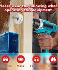 Side view of Mollom 19mm bi-metal hole saw attached to a teal cordless drill with two pilot bits and arbor