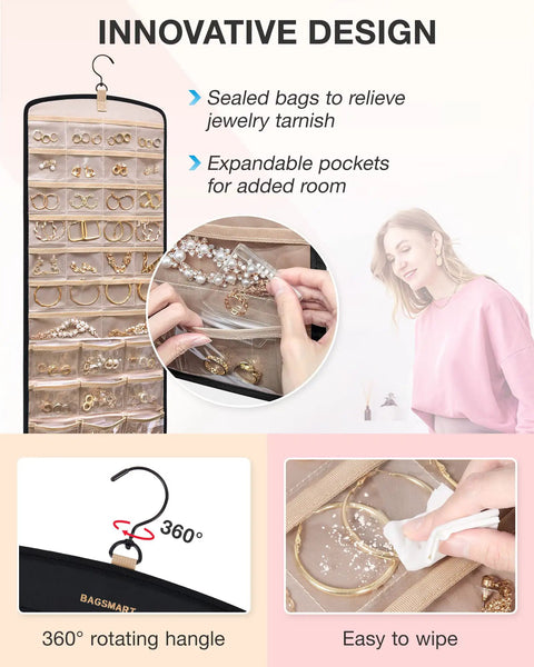 Anti-Tangle Hanging Jewelry Organizer With 32 Clear Pockets And 20 PVC Anti-Tarnish Bags, showing 360-degree rotating hook design.