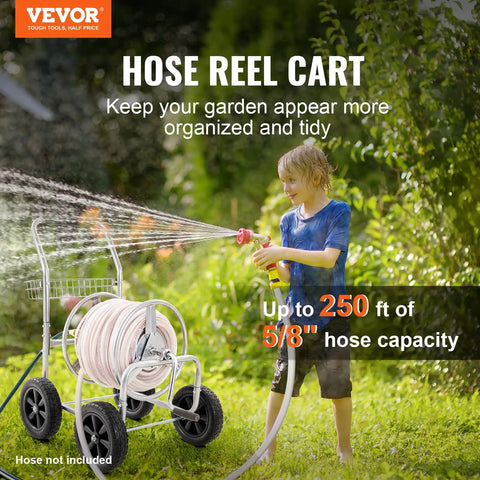 Heavy Duty Hose Reel Cart For 250 Ft Of 5/8 Inch Hose, Grab-And-Go Garden Water Cart With 4 Wheels, Powder Coated Steel