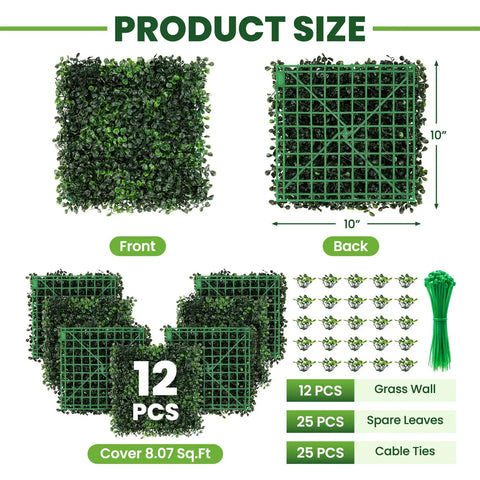 Boxwood Hedge Wall Panels 12 Pack 10x10 Inches Faux Greenery Privacy Screen product size with front and back view