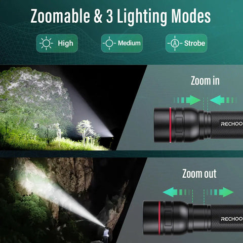 Rechargeable High Lumens Tactical Flashlight Two Pack G1000 Super Bright LED Light zoom in and out with beam modes