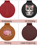 Leather Keychain Blanks Set 15 Round PU Leather Double Sided Keychains showing embossing, UV printing, and engraving examples