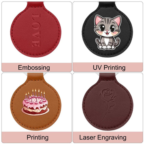 Leather Keychain Blanks Set 15 Round PU Leather Double Sided Keychains showing embossing, UV printing, and engraving examples