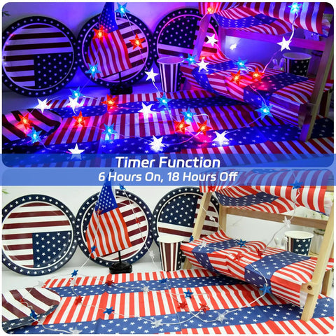 Patriotic Pentagram Star String Lights 13 Ft 40 LED Waterproof Outdoor Battery Operated With Timer Red White And Blue