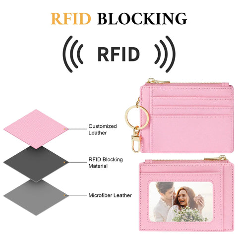 Slim RFID Blocking Wallet For Women With Front Pocket Card Case, 6 Card Slots, ID Window, Chic Pink, showing RFID layers
