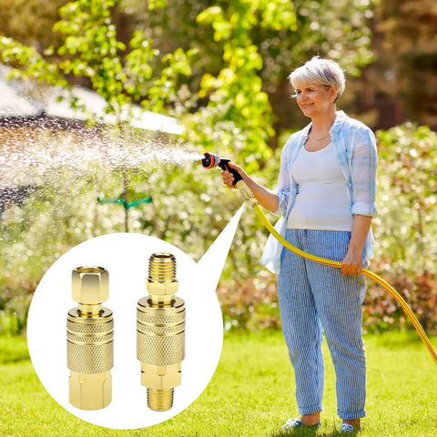 Woman using hose connected with Eight Piece One Quarter Inch NPT Quick Connect Air Hose Fittings Kit with Universal Couplers visible in inset