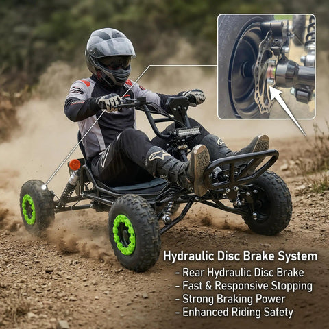 Electric Go Kart For Adults And Teens With Long Range Up To Thirty Miles Peak Two Thousand Five Hundred Watt Off Road Go Kart Beast in action showcasing hydraulic disc brake system
