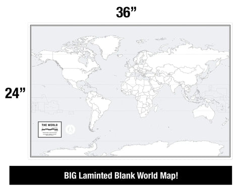 "Massive Laminated World Outline Map Poster 36 By 24 Inches With Free Dry Erase Marker, Ideal For Classrooms Or Home Study, Easy To Erase And Reuse, Includes Laminated Answer Sheet For Quick Learning" displayed with size indicators.
