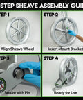 4-step assembly guide for Tough As Nails 24 Inch Hook Sheave For Wire Rope Puller And Tugger Winch.
