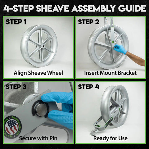 4-step assembly guide for Tough As Nails 24 Inch Hook Sheave For Wire Rope Puller And Tugger Winch.