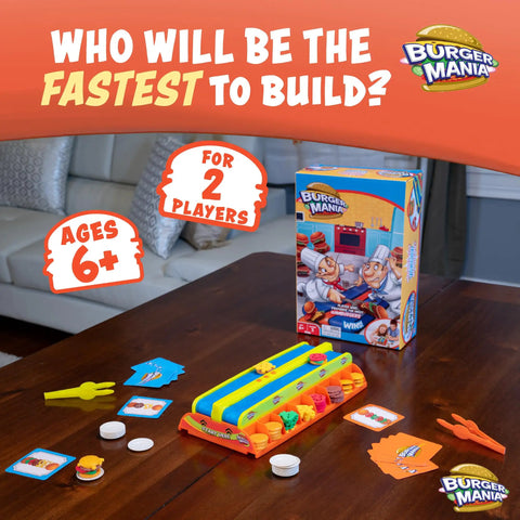 Burger Mania Build And Race Conveyor Belt Game For Kids 6 And Up, two-player setup on wooden table, game components visible
