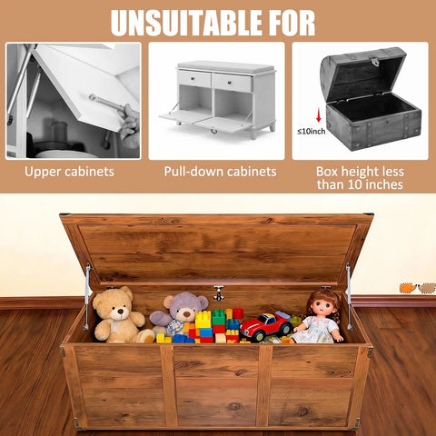 Open wooden toy box filled with toys, showing installed 4 Pack 15 Inch Soft Close Toy Box Hinges With 100N Gas Struts