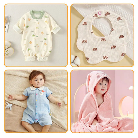 Baby clothing set featuring a floral romper, bib with rainbow design, baby in a blue romper, and a child in a pink bunny towel.