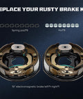 Front view: pair of 10in x 2-1/4in trailer electric brake assemblies, left and right, 4-hole mounting