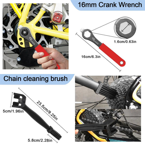 12 Piece Bicycle Chain Tool Set With Chain Cutter, Pliers, Measuring Tool, Flywheel Removal Wrench, Missing Links, And Cleaning Accessories Featuring 16mm Crank Wrench and Chain Cleaning Brush