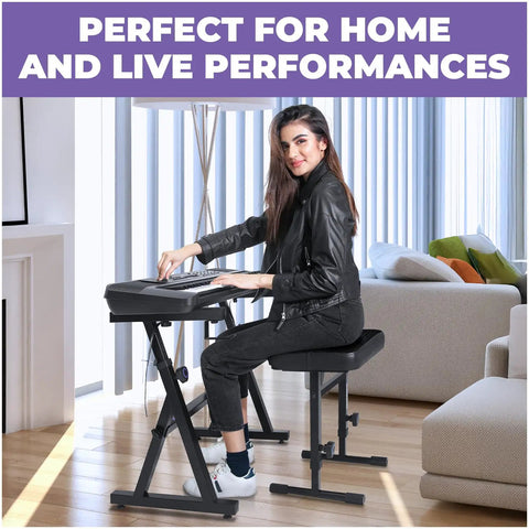 Woman playing keyboard on Heavy Duty Keyboard Stand And Adjustable Bench Set For 54-88 Key Pianos Portable Digital Piano Stand With Built In Seat
