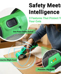 Close-up of 4V Cordless Electric Scissors Rechargeable Box Cutter With 2000mAh Battery safety features and precision LED guide.
