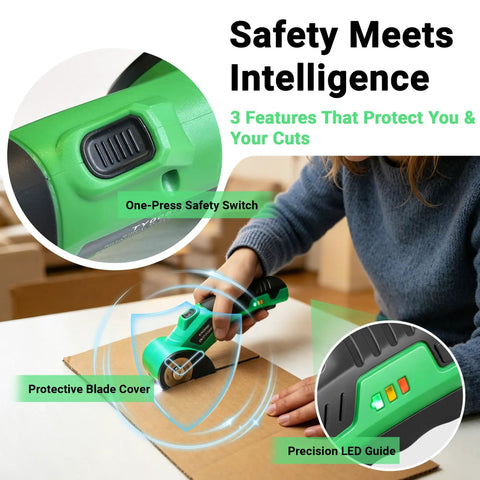 Close-up of 4V Cordless Electric Scissors Rechargeable Box Cutter With 2000mAh Battery safety features and precision LED guide.