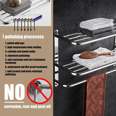 Three Tier Wall Mount Bathroom Shelf With Towel Bars Heavy Duty Stainless Steel Rack Rust Proof Chrome Finish No Fuss Install