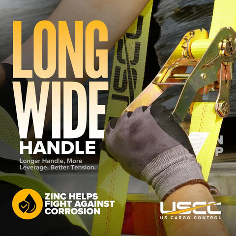 Ultra Badass Heavy Duty J Hook Ratchet Straps For Hauling Cargo On Trailers And Pickups Two By Twelve Feet 10k Break Strength Yellow Polyester Tie Downs That Will Not Let You Down, showcasing wide handle and strap setup.