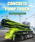 Road Ready Concrete Boom Pump And Mobile Mixer Truck Rig Slick Setup showcasing the concrete pump truck with bright yellow boom.